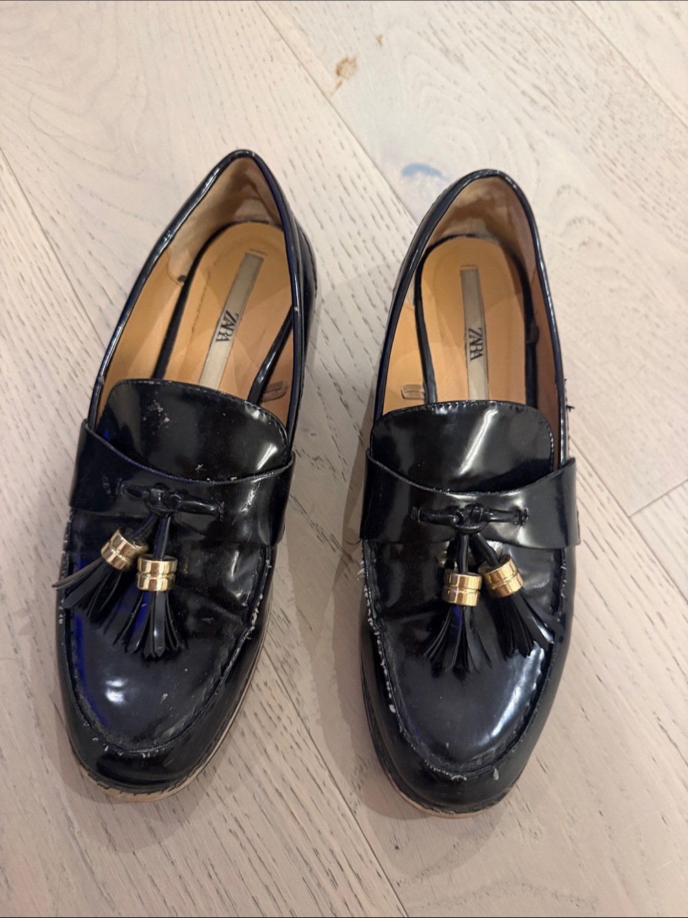 Zara Black Patent Tassel Slip-On Loafers with Gold Accents